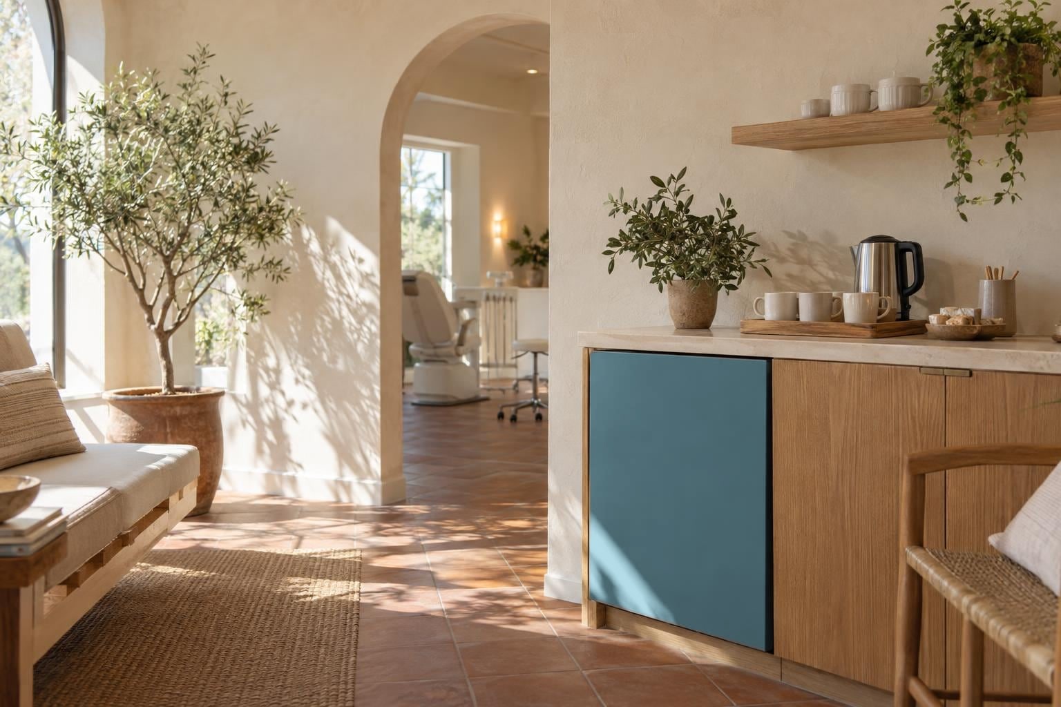 A sunlit refreshment counter with a kettle and mugs, an olive tree, and an arched doorway into a treatment room.