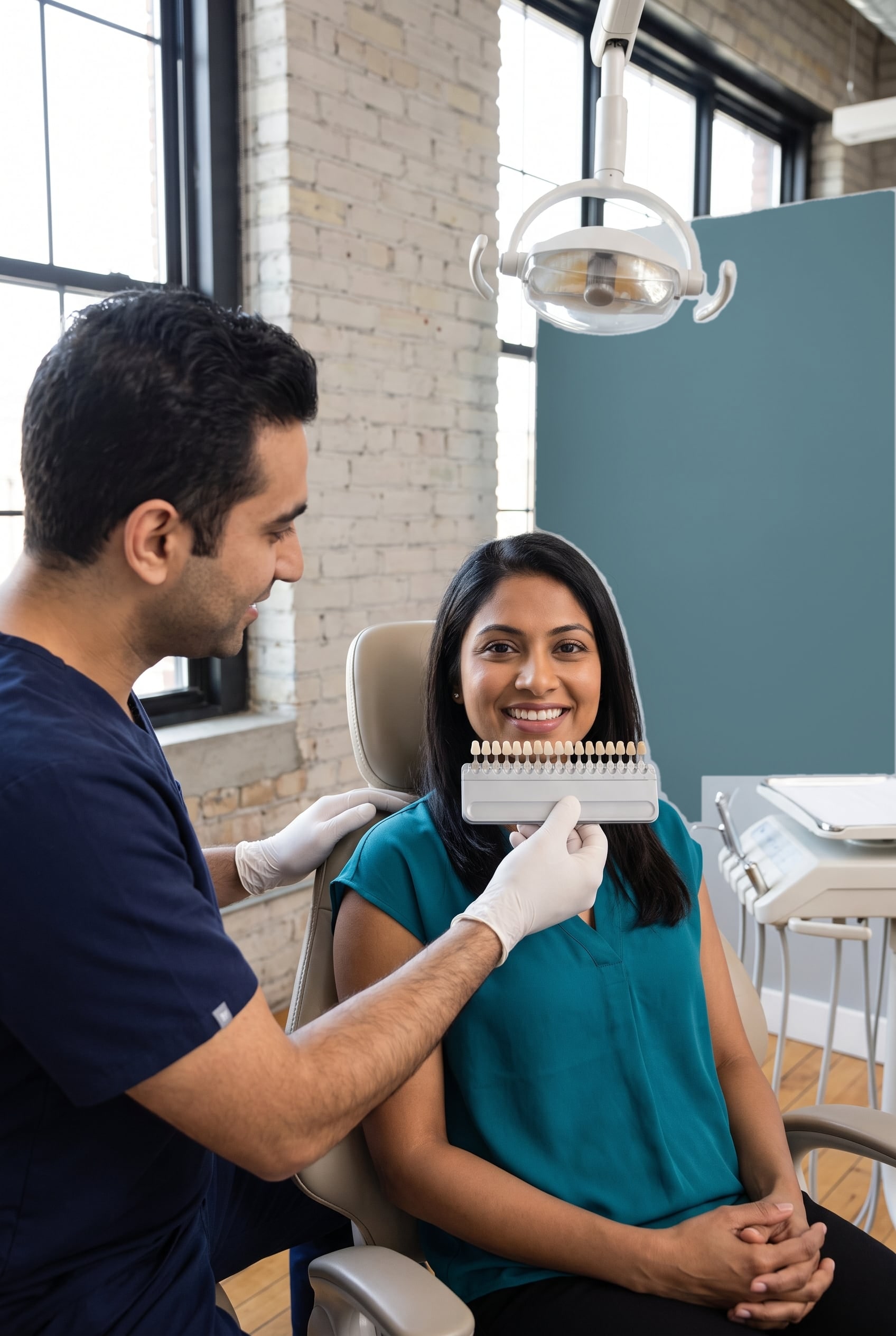 A dentist in gloves holds a tooth shade guide beside a smiling woman in her thirties seated in the dental chair.