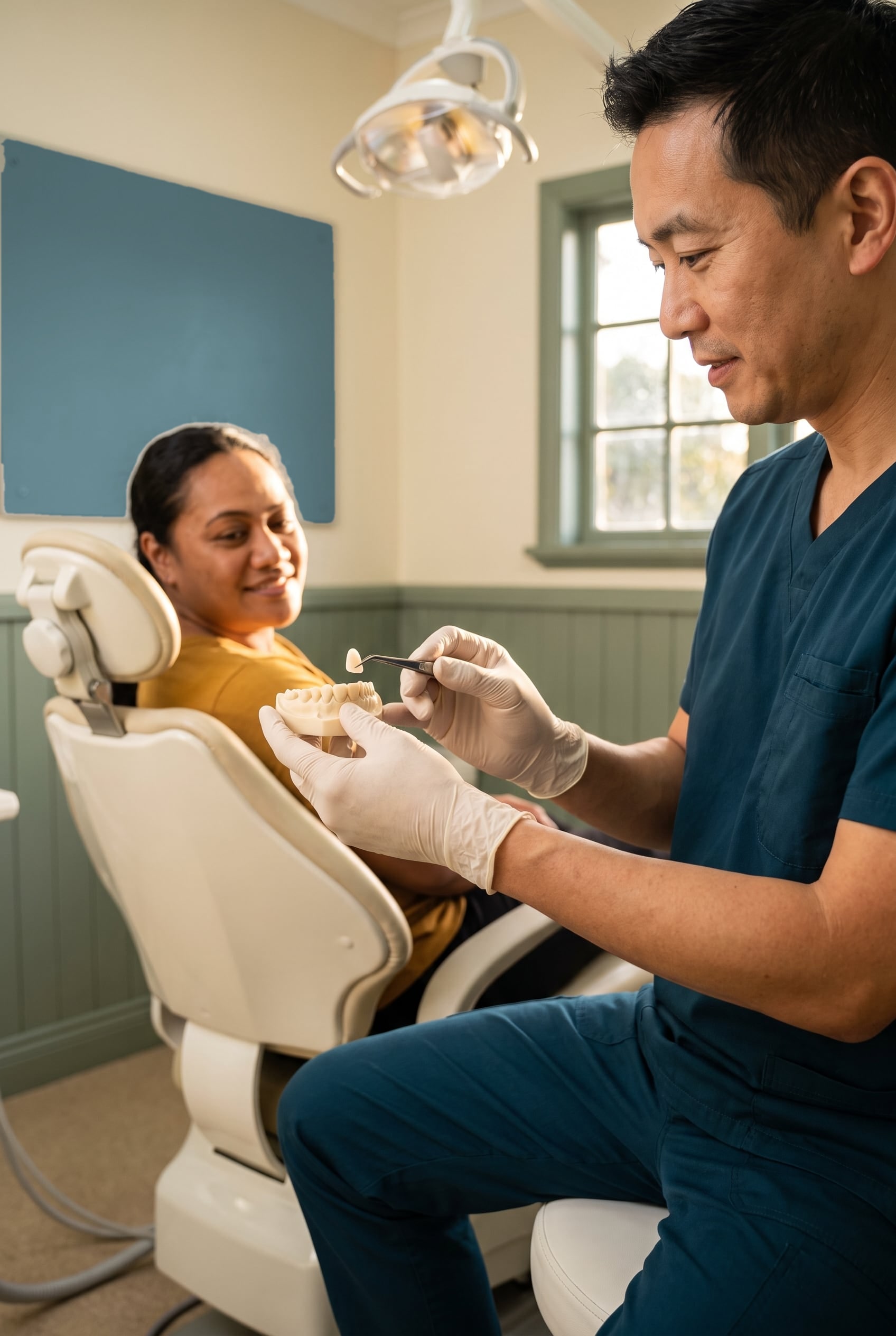 A dentist in gloves places a thin veneer on a model of front teeth while the patient watches from the chair.