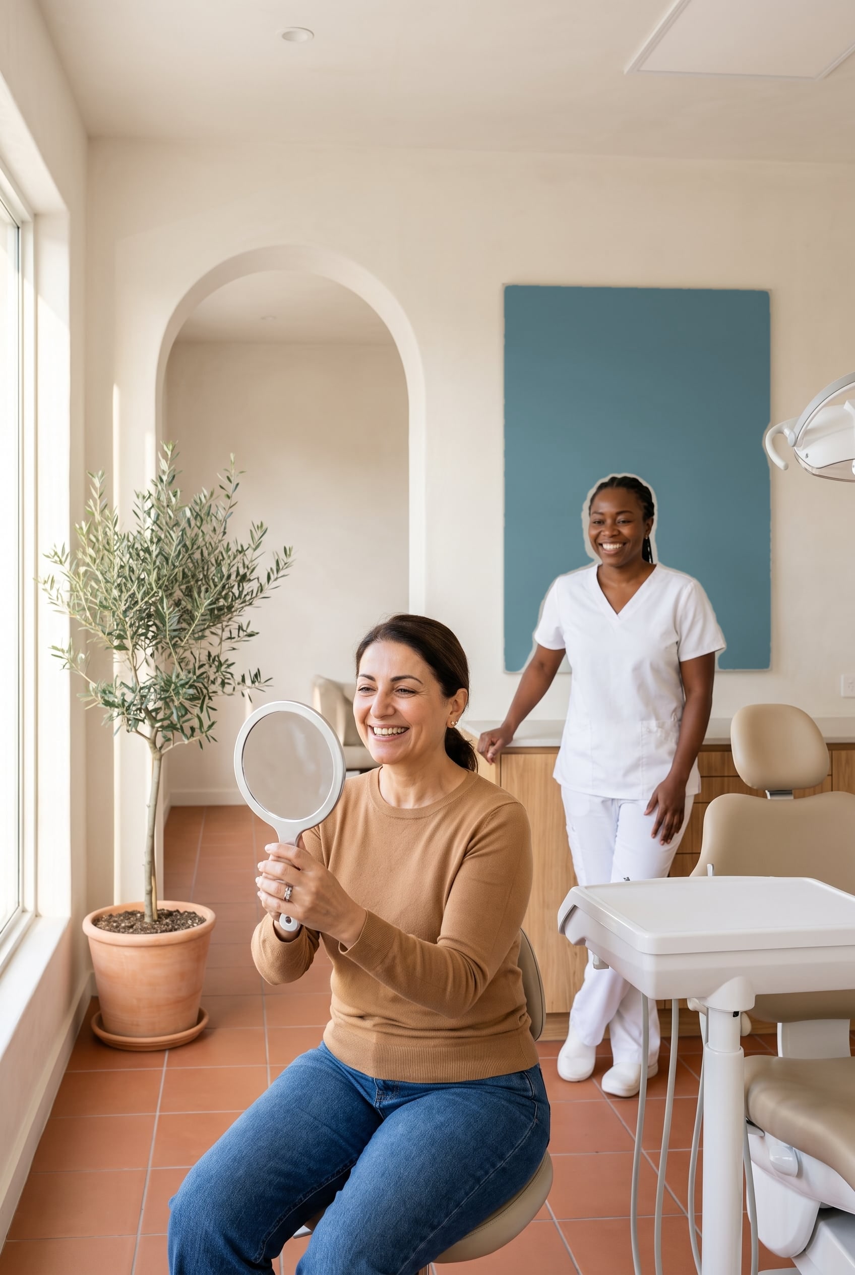A smiling middle-aged woman checks her teeth in a hand mirror as a dental assistant looks on in a sunny treatment room.