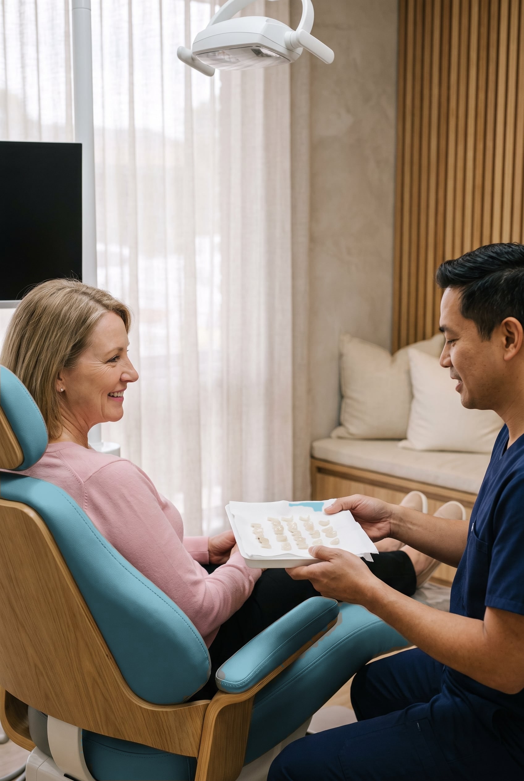 A dentist shows a smiling woman in the dental chair a tray of thin veneer shells.