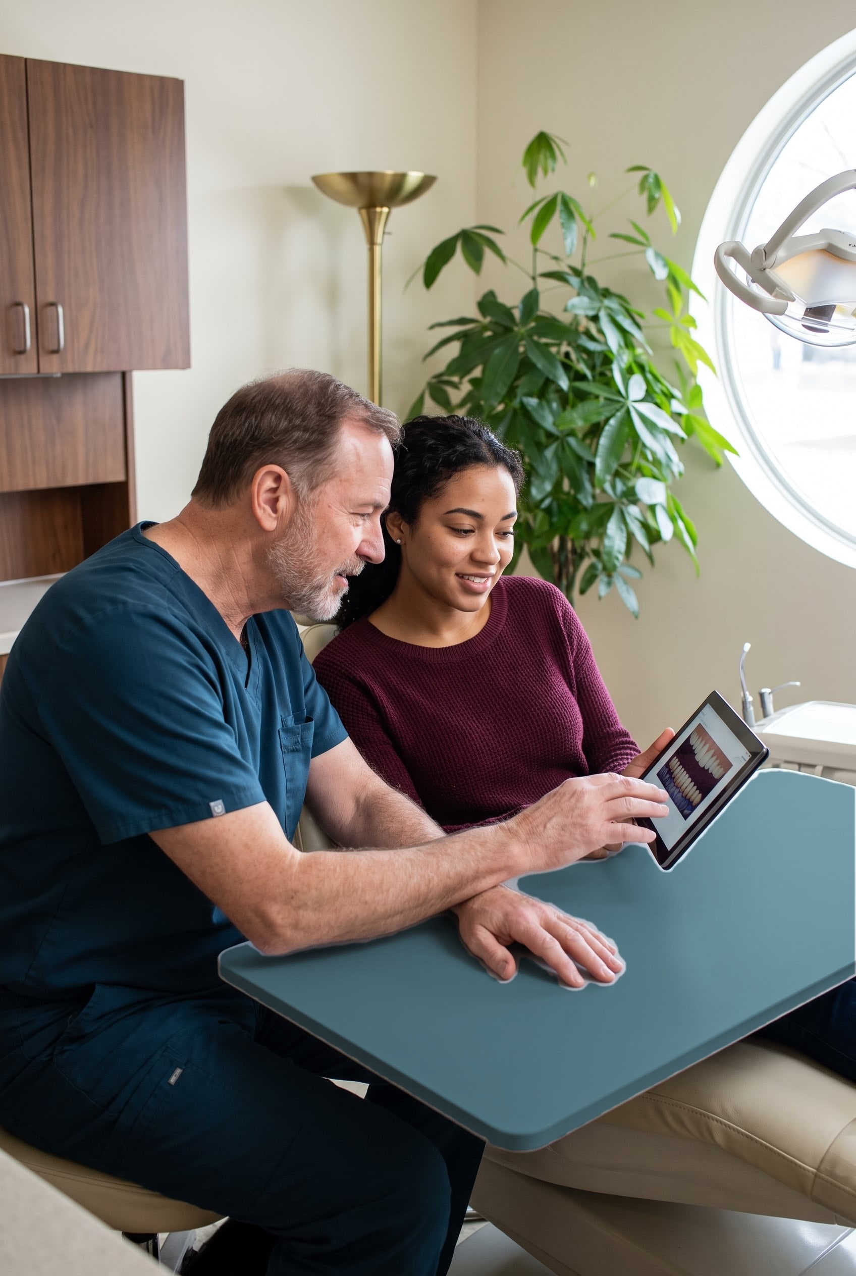 An older male dentist shows a young woman pictures on a tablet as they sit together at a table in a treatment room.