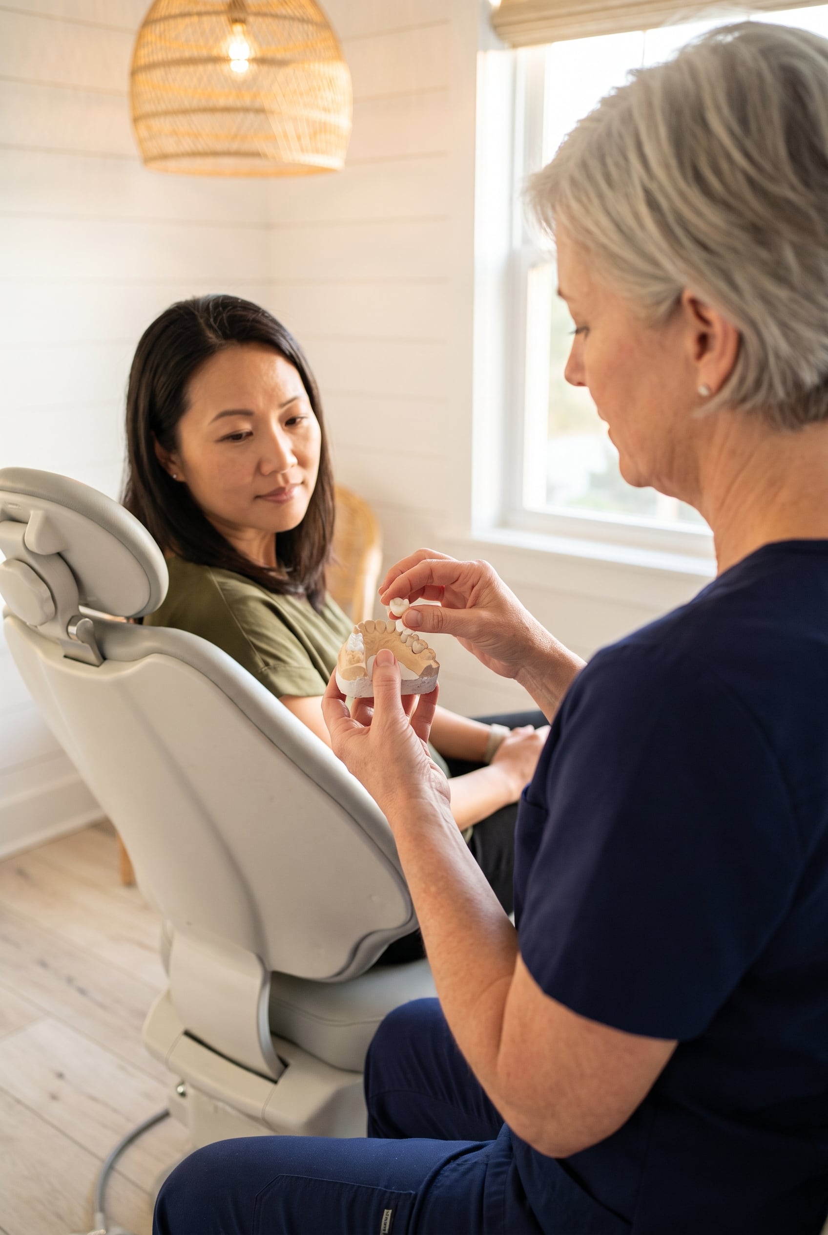A grey-haired dentist in navy scrubs holds a teeth model to explain treatment to a woman in the dental chair.