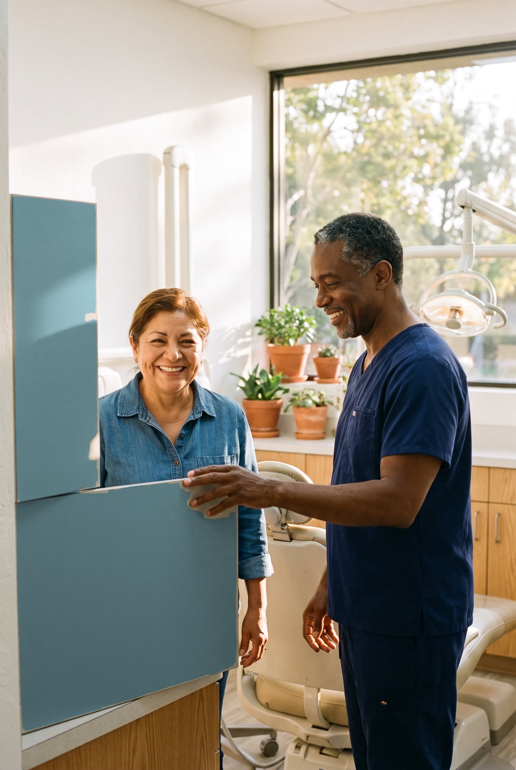 A dentist in navy scrubs laughs with a smiling older woman beside the dental chair in a sunny treatment room.