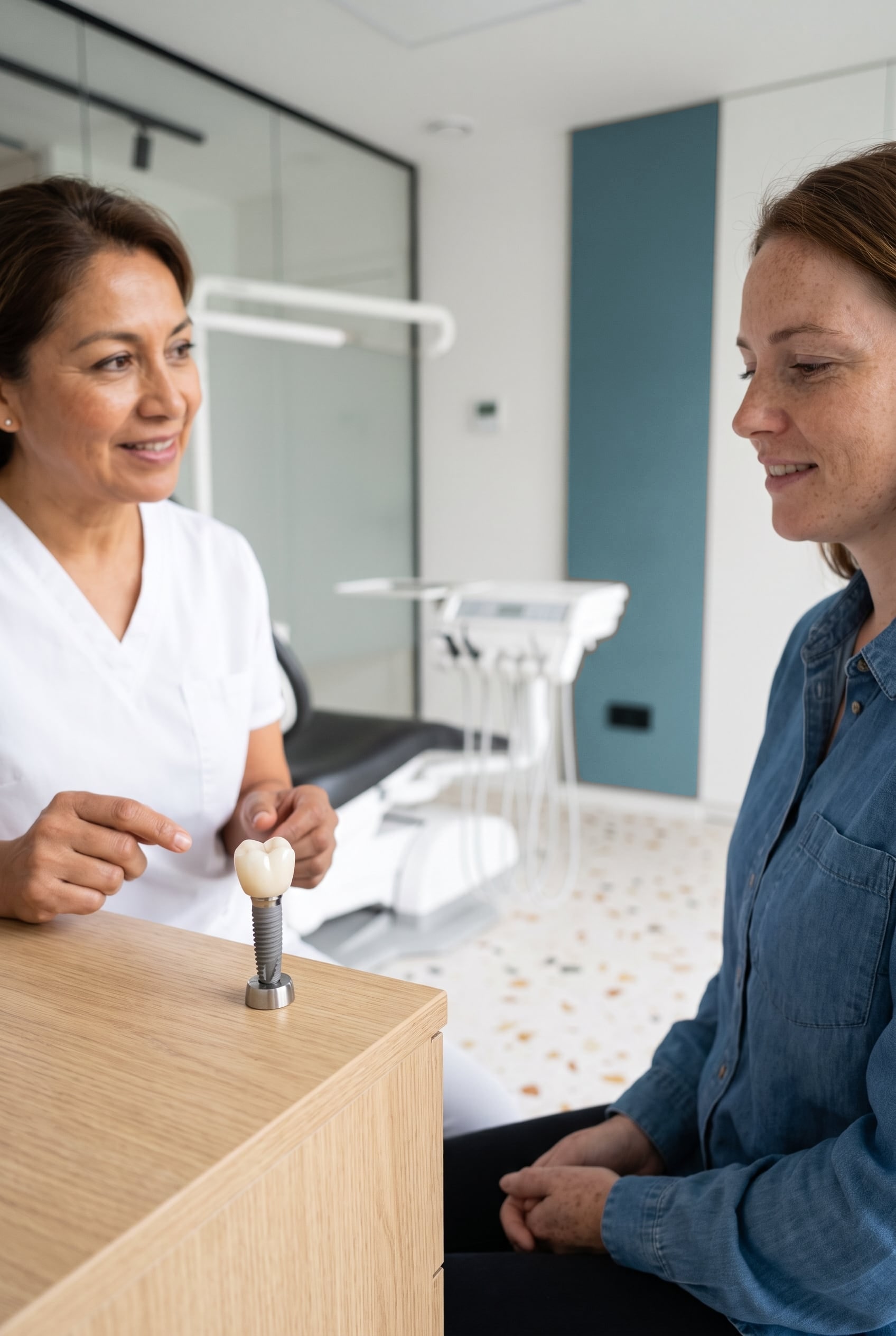 A dentist in a white top shows an implant model on the counter to a smiling woman in a denim shirt.