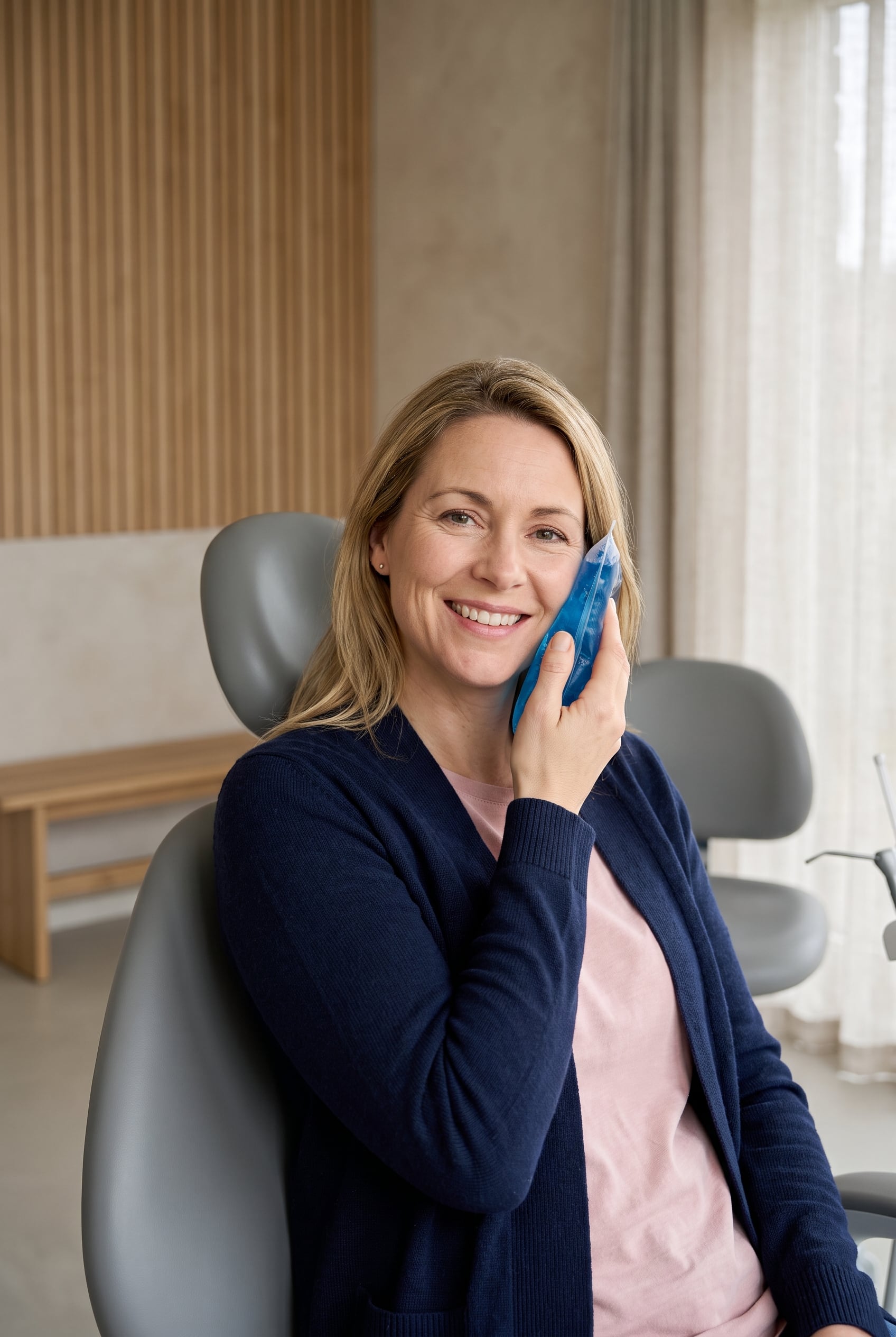 A woman in the dental chair holds a cold pack to her cheek and smiles, relieved.