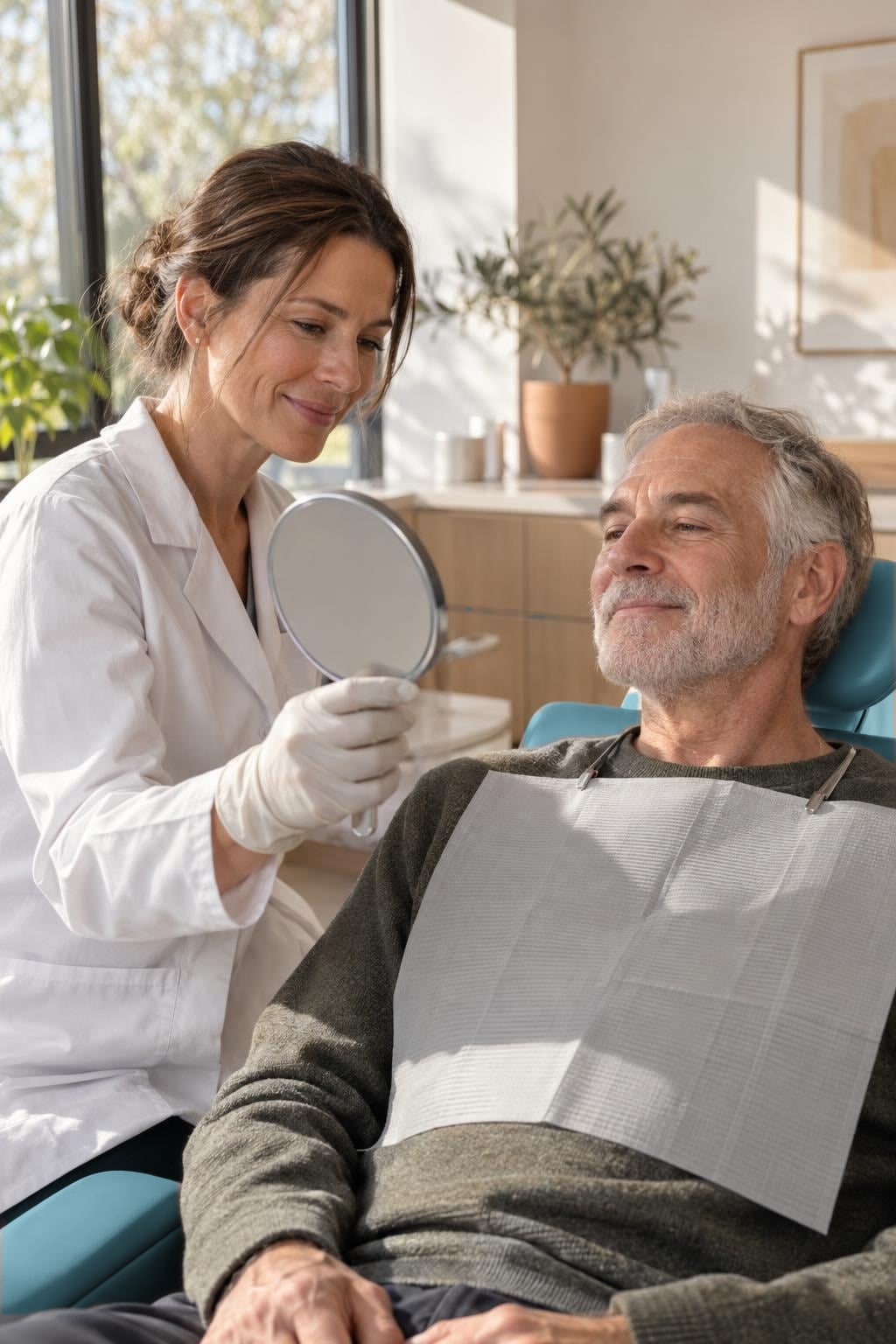 A dentist in a white coat holds up a hand mirror for a smiling older man wearing a bib in the dental chair.