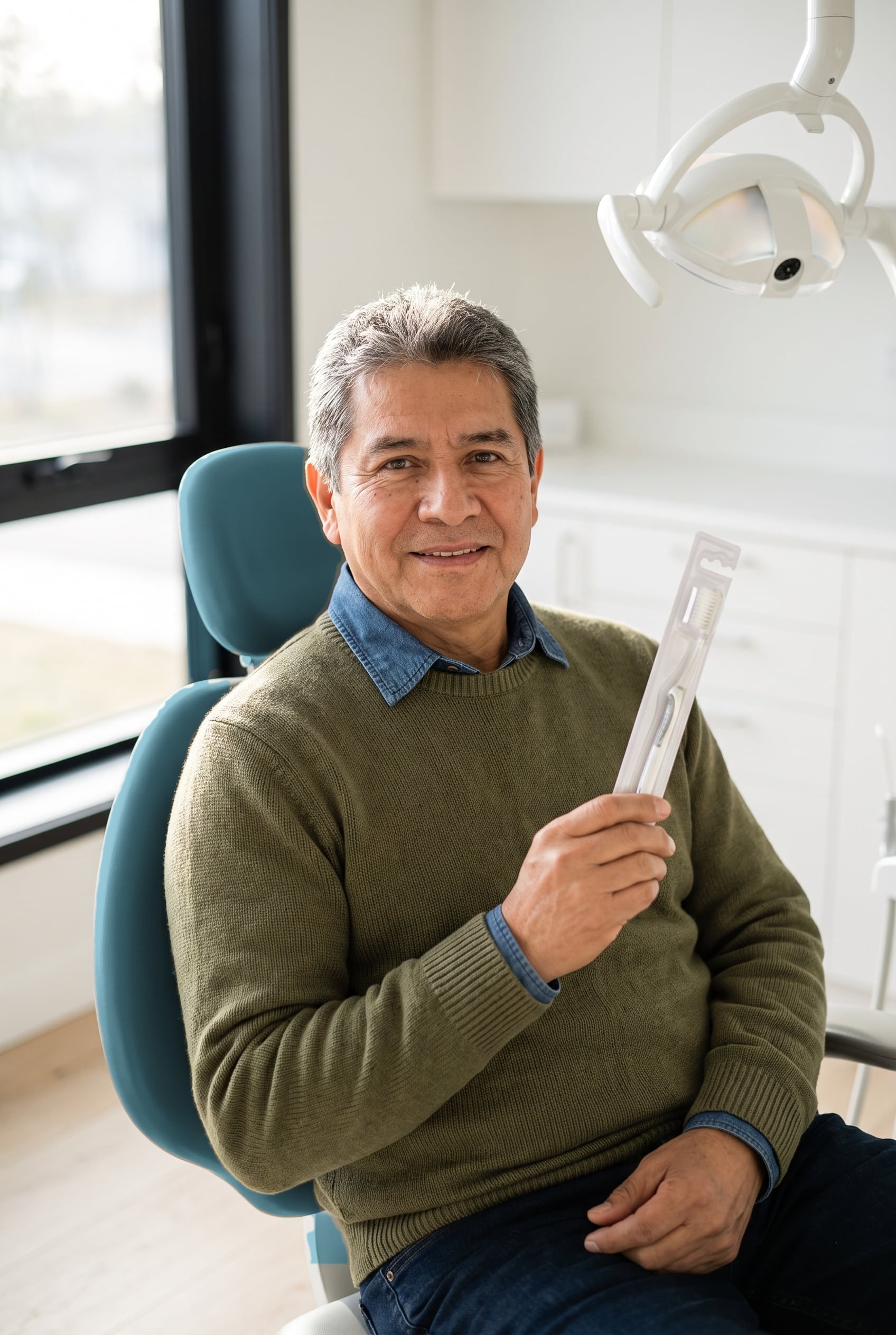 A smiling older man in the dental chair holds up a new toothbrush after his check-up.