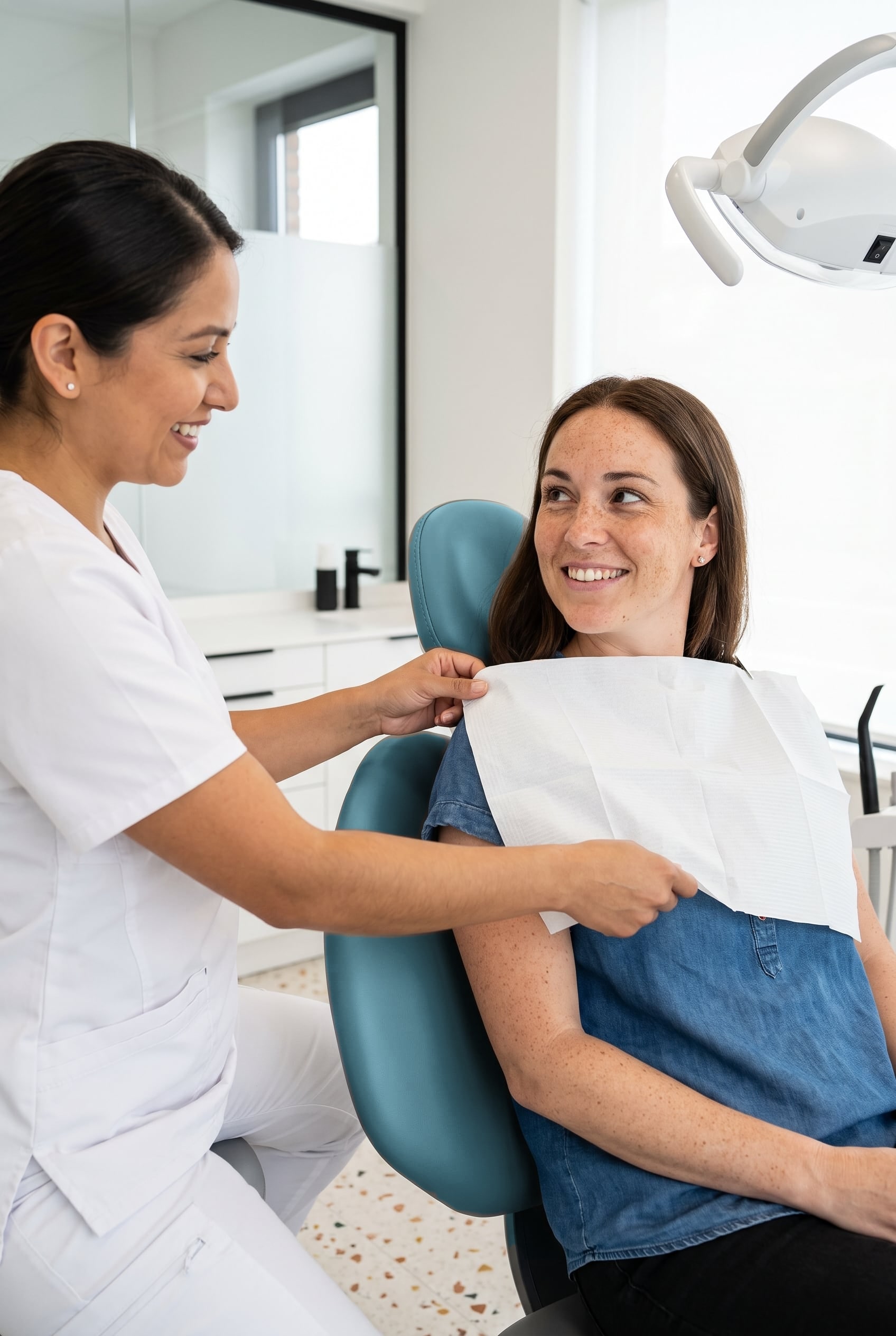 A smiling hygienist lifts the paper bib off a happy woman sitting up in the dental chair after her check-up.