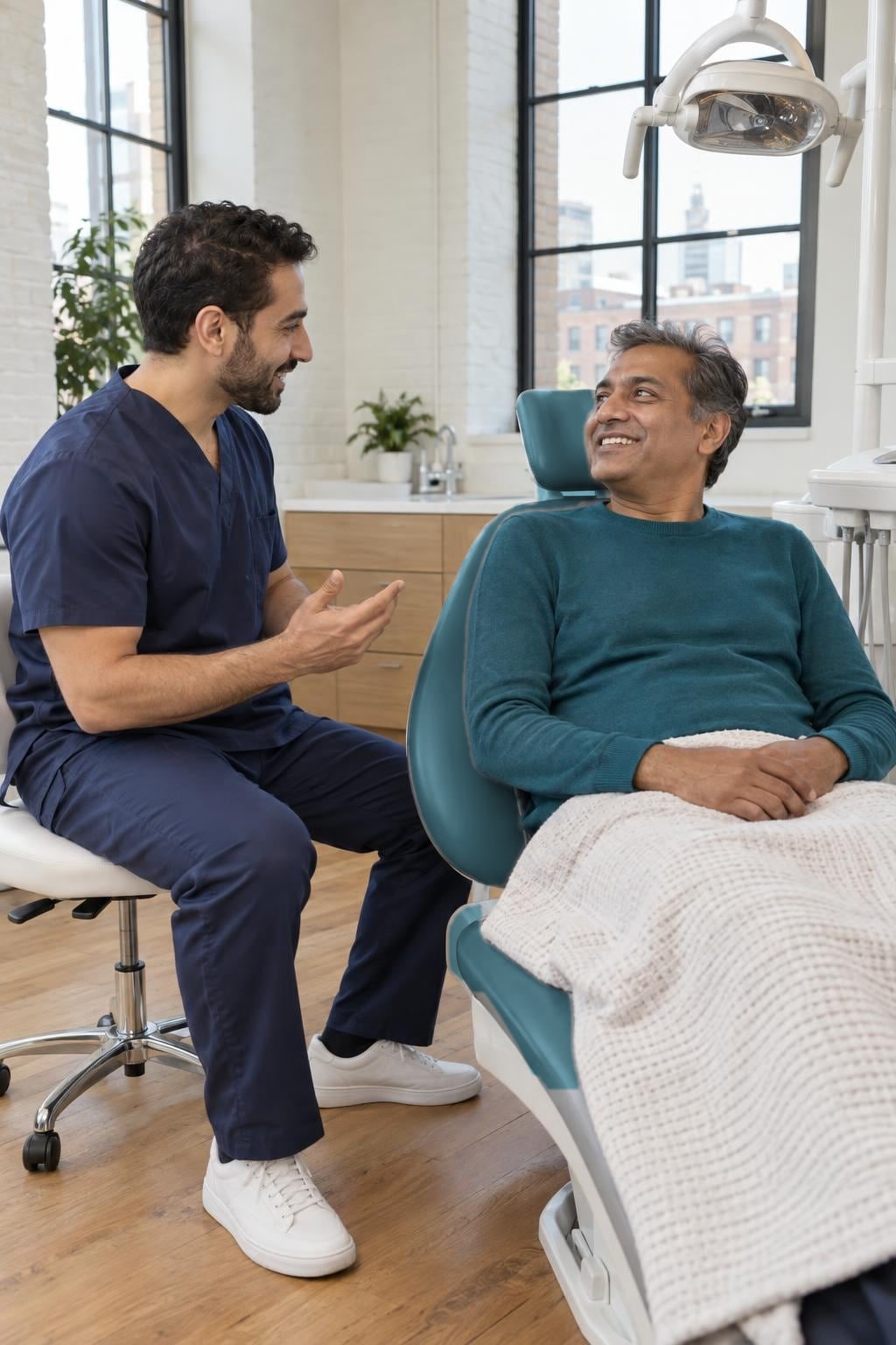 A seated dentist chats with a smiling middle-aged man resting under a blanket in the dental chair.