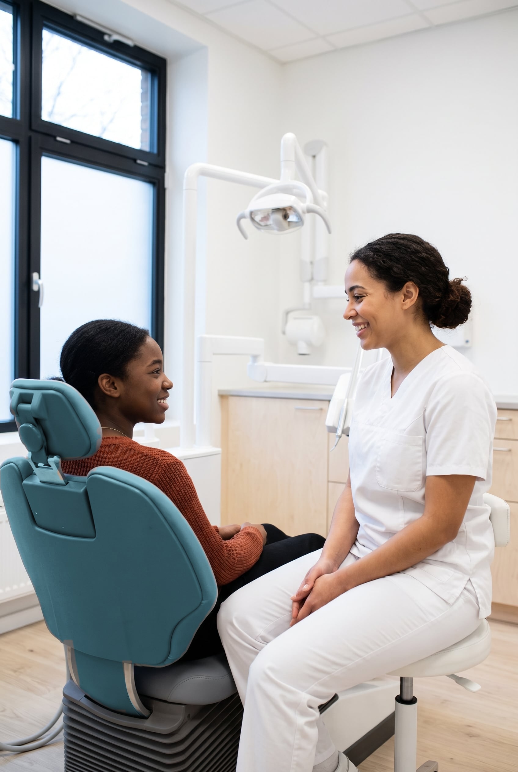 A smiling hygienist in white scrubs sits on a stool and talks with a teenager in the dental chair.
