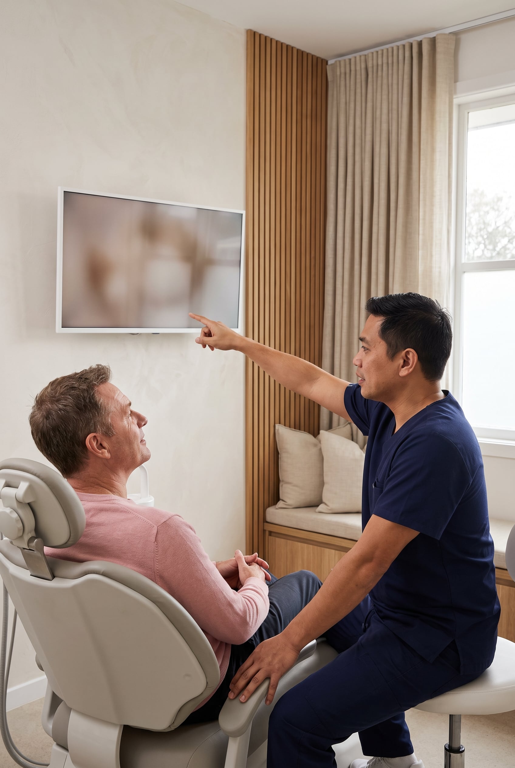 A seated dentist points to an image on a wall screen as a middle-aged man in the dental chair looks up.