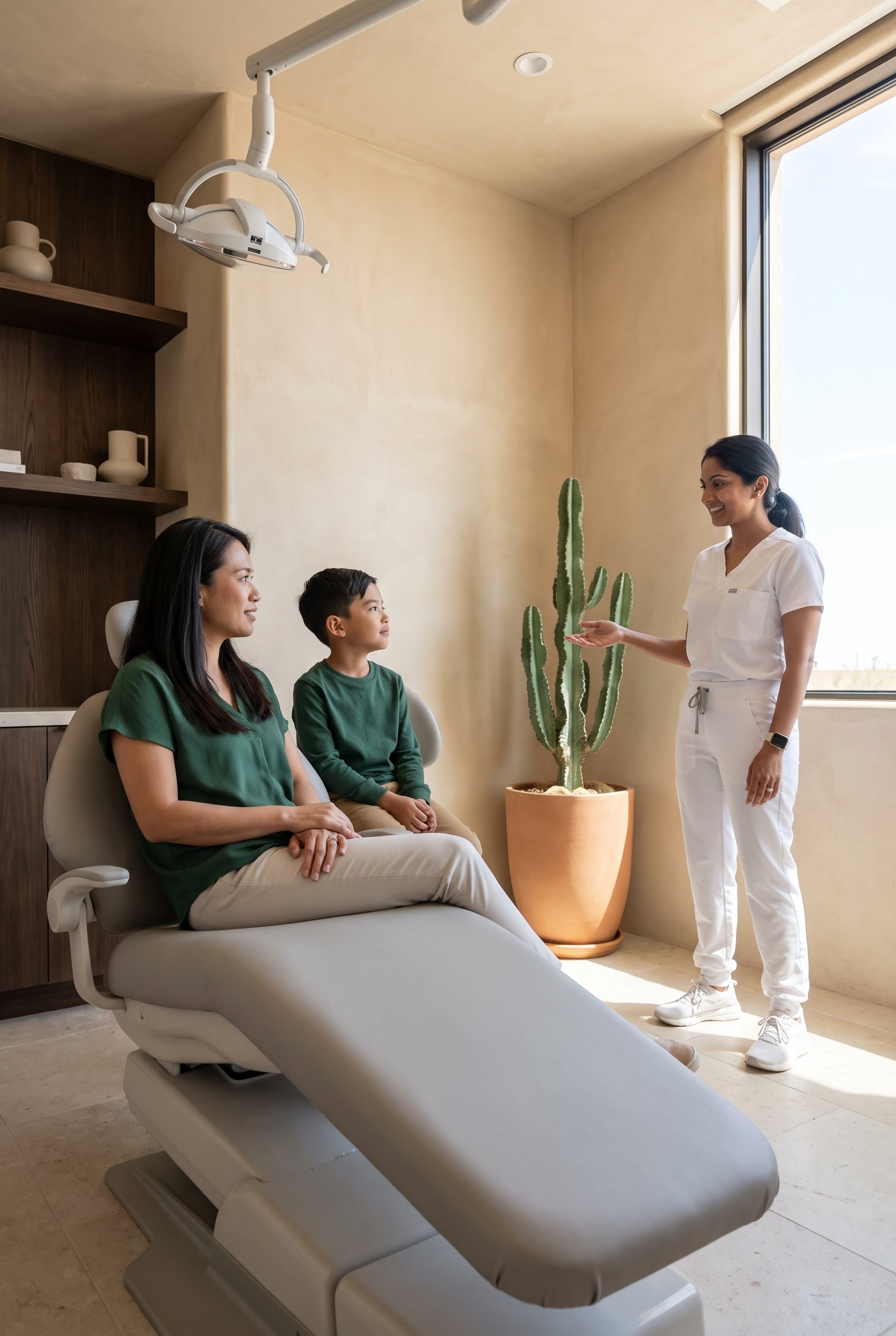 A woman and a young boy sit on the dental chair as a hygienist in white scrubs talks with them.