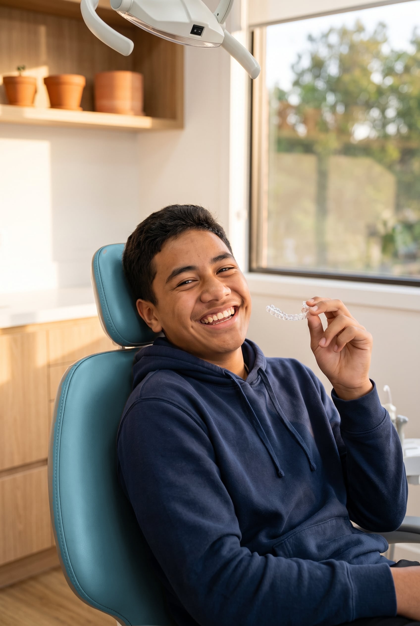 A grinning teenage boy in the dental chair holds up his clear aligner.