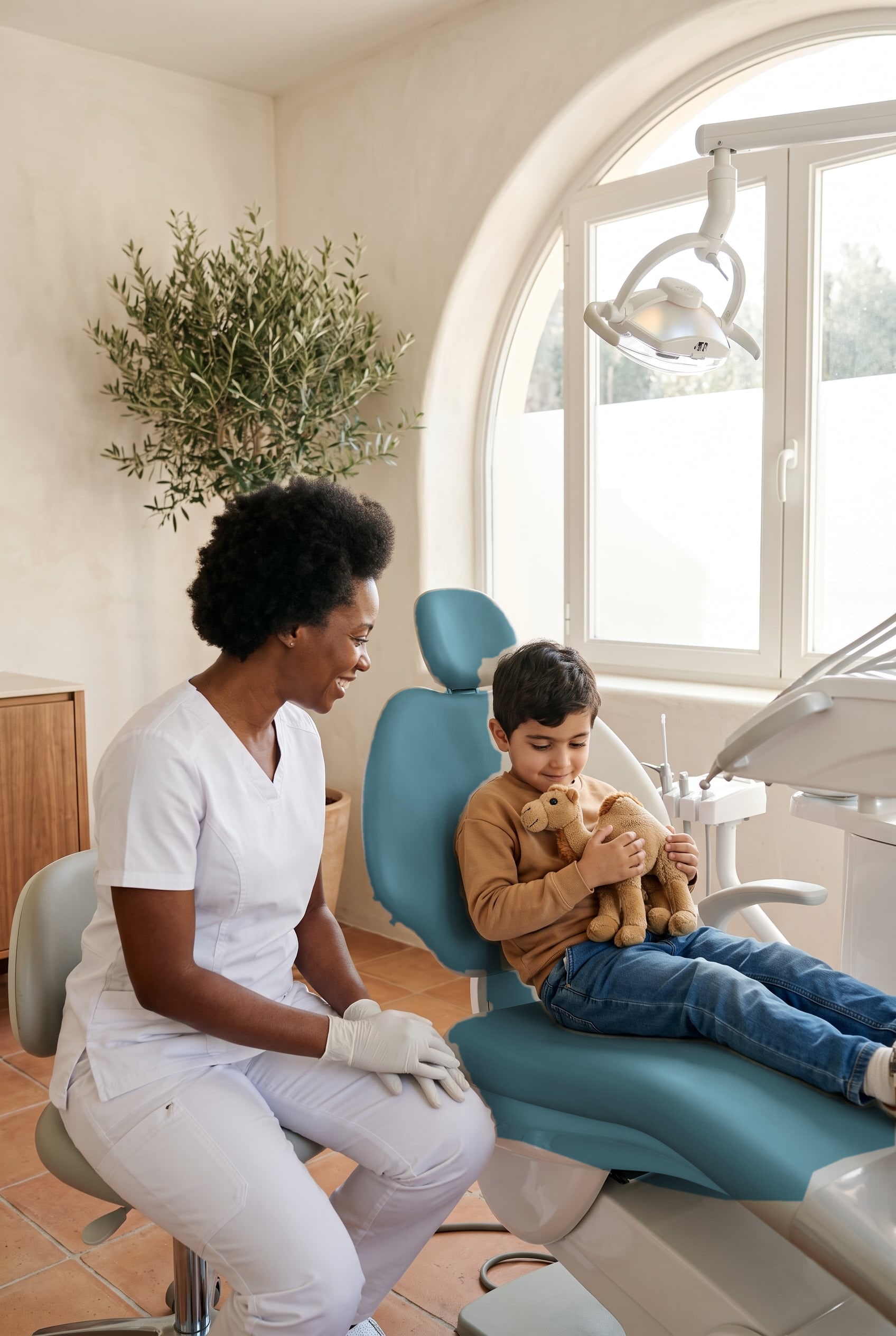 A young boy holds a teddy bear in the dental chair while a smiling dental assistant in gloves sits beside him.